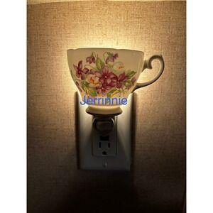 Handcrafted Teacup Night Light Purple Floral Violets Ceramic Plug In Accent Lamp
